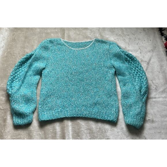 Vintage mohair Blend Sweater Woman Crew Blue Teal Turquoise White Wide Sleeves - Picture 7 of 16